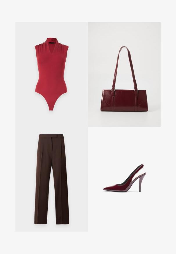 Rode mouwloze bodysuit met een V-hals en geplooide schouderdetails, ontworpen voor een aansluitende pasvorm.; Donkerbruin recht gesneden op maat gemaakte broeken met een tailleband en een verborgen sluiting aan de voorkant op een witte achtergrond.; Bordeaux gepatenteerd leren slingback pump met een spitse neus, hoge stilettohak en een strakke, gladde textuur. Verstelbare banddetail.; Bourgondische handtas van glanzend materiaal, rechthoekige vorm, met twee schouderbanden en subtiele gebogen accenten aan de voorkant.