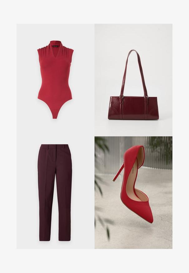 Ærmeløs rød bodystocking med V-hals og opsamlet skulderdetalje, designet til en tætsiddende silhuet.; Burgunderrøde bukser med lige ben og en glat tekstur, der har en flad front og ingen synlige lommer. Skræddersyet design med en klassisk pasform.; Rød højhælet sko med spids tå og glat ruskindsoverflade. Har en stiletto-hæl og en guldaccent ved hælens bund.; Bordeaux håndtaske lavet af glansfuldt materiale, rektangulær form, med to skulderremme og subtile buede detaljer på forsiden.