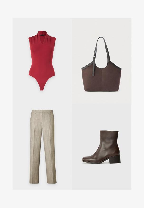 Rode mouwloze bodysuit met een V-hals en geplooide schouderdetails, ontworpen voor een aansluitende pasvorm.; Beige pantalon met krijtstrepen en een rechte pijp, voorzien van een gestructureerde tailleband en een subtiele textuur in de stof.; Bruine leren enkelboot met een gladde textuur, ronde neus en een stevige zwarte hak. Kenmerkt zich door een minimalistisch ontwerp zonder zichtbare bevestigingsmiddelen.; Bruine tote bag met zwarte verstelbare schouderbanden en een zilveren gesp, gladde textuur, eenvoudig en gestructureerd ontwerp op een effen achtergrond.