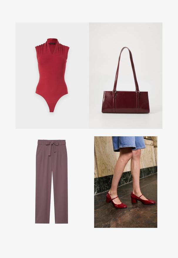 Body rouge sans manches avec un décolleté en V et des détails froncés aux épaules, conçu pour une silhouette ajustée.; Pantalons larges de couleur prune avec une taille ceinturée, un devant plissé et une texture lisse. Comprend des poches latérales et un design ajusté.; Personne portant des escarpins blocs rouges brillants et une jupe en denim bleu, se tenant sur un sol carrelé sombre près d'un mur en marbre.; Sac à main bordeaux en matériau brillant, de forme rectangulaire, avec deux anses et des accents légèrement courbés à l'avant.