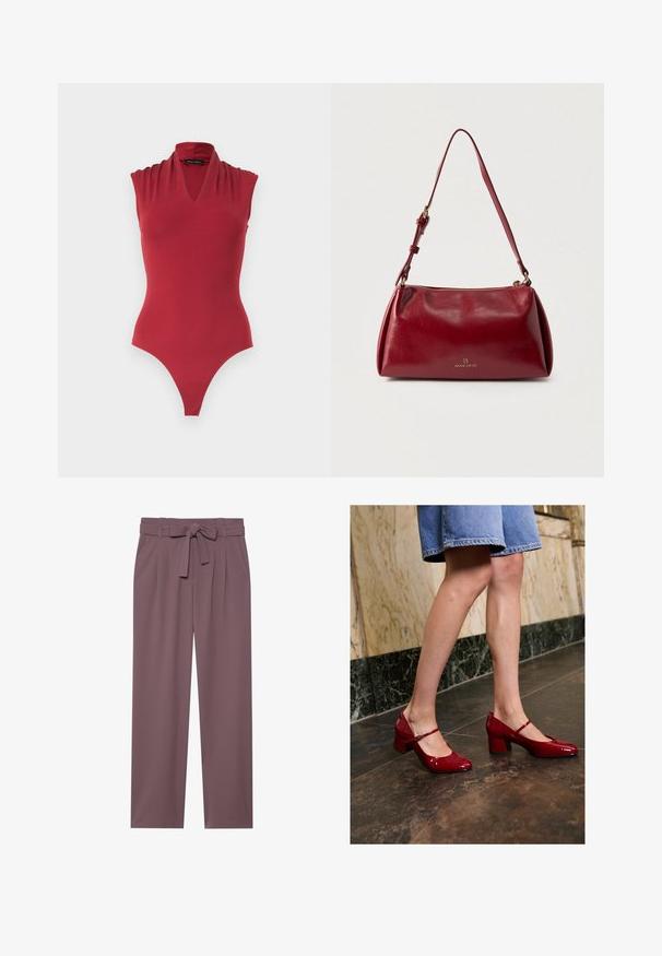 Body rojo sin mangas con escote en V y detalles fruncidos en los hombros, diseñado para una silueta ajustada.; Pantalones de pierna ancha en color ciruela con cintura ceñida mediante cinturón, frente plisado y textura suave. Presenta bolsillos laterales y un diseño a medida.; Persona con zapatos de charol rojos brillantes tipo Mary Jane y falda de mezclilla azul de pie sobre un suelo de baldosas oscuras cerca de una pared de mármol.; Bolso de cuero rojo con diseño curvado, cierre con cremallera superior y correa ajustable. Presenta una textura sutil y un logo de la marca en relieve en el frontal.