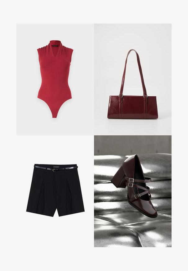 Rode mouwloze bodysuit met een V-hals en geplooide schouderdetails, ontworpen voor een aansluitende pasvorm.; Zwarte op maat gemaakte shorts met plooien, voorzien van een slanke zwarte riem met een gouden gesp. Gemaakt van een soepele stof, die een verfijnde uitstraling biedt.; Glanzende donker bordeauxrode Mary Jane schoen met drie bandjes en zilveren gespen zweeft boven een zilverkleurig metalen kussens oppervlak.; Bourgondische handtas van glanzend materiaal, rechthoekige vorm, met twee schouderbanden en subtiele gebogen accenten aan de voorkant.
