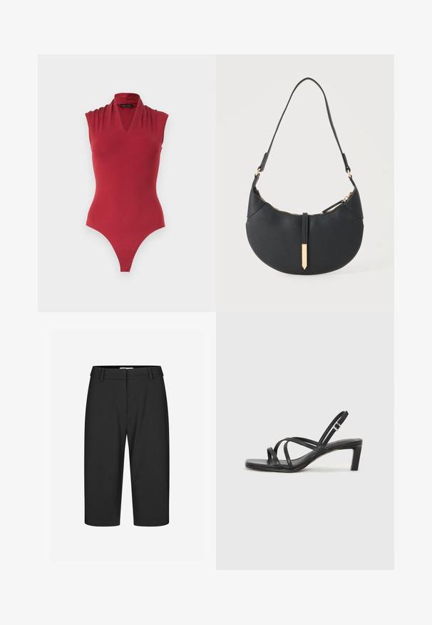 Body rouge sans manches avec un décolleté en V et des détails froncés aux épaules, conçu pour une silhouette ajustée.; Bermudas noires ajustées, tissu lisse, taille mi-haute, pli simple à l'avant, sans poches visibles, ourlet en bas, design structuré.; Sandale noire à lanières avec un bout carré et un petit talon bloc. Elle présente plusieurs fines lanières et une sangle de cheville ajustable. Fabriquée en cuir lisse.; Sac à main noir en forme de croissant avec une bandoulière unique, une fermeture éclair dorée et une languette décorative rectangulaire dorée à l'avant.
