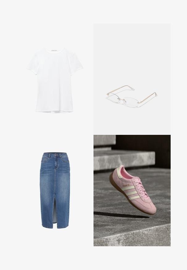 Hvid kortærmet t-shirt lavet af glat stof, med rund halsudskæring og diskrete syninger ved kanten.; Denim nederdel med en frontslids, i midlængde, i en lys til mellemblå vask. Har fem lommer og en talje med bæltestropper.; Lyserød ruskindssneakers med tre hvide striber, snørelukning, gummisål og guldlogo på siden. Blød tekstur med afrundet form.; Guldmetal briller med ovale linser, slanke arme og klare næsepuder. Har subtile hængsel accenter og gennemsigtige linser.