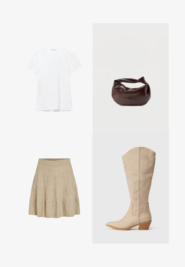 Witte short-sleeve t-shirt van gladde stof, met een ronde halslijn en subtiele stiksels bij de zoom.; Een korte, beige rok gemaakt van een zachte, gestructureerde stof met een geribbeld tailleband en een lichte plooiing bij de zoom.; Beige suede kniehoog laarzen met een spitse neus, stapelhak en zichtbare naaddetails. Gladde textuur met een eenvoudig ontwerp.; Donkerbruine leren schoudertas met een zachte, slungelige vorm en een gedraaide knoopvormige handgreep op een effen witte achtergrond.