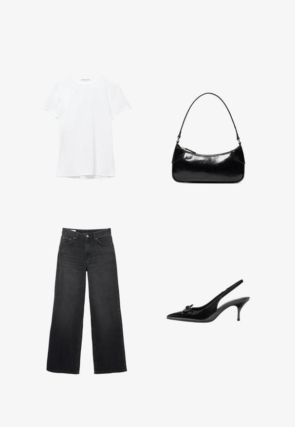 T-shirt blanc à manches courtes en tissu lisse, avec un col rond et de subtils détails de couture à l'ourlet.; Jean noir à jambes larges avec taille haute, fermeture à boutons et fermeture éclair à l'avant, passants pour ceinture et conception à cinq poches.; Chaussure slingback en cuir verni noir avec un bout pointu, un talon bas et un détail de nœud décoratif sur le côté. Texture lisse sur toute la surface.; Sac à épaule en cuir noir brillant avec un seul compartiment zippé et une fine bandoulière arquée.