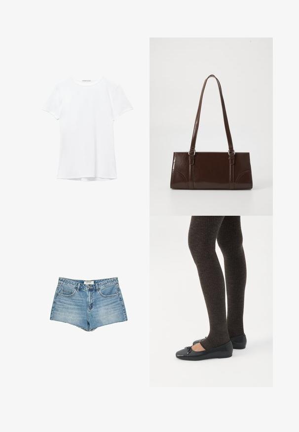 Hvid kortærmet t-shirt lavet af glat stof, med rund halsudskæring og diskrete syninger ved kanten.; Jeanshorts, lys blå, høj talje, fem-lomme design, flosset kant, standard knaplukning, logoetiket på taljebåndet.; Ben iført mørke ribbede leggings kombineret med sorte balletsko med små sløjfedetaljer på hvid baggrund.; Brun lakeret håndtaske med rektangulær form, to lange håndtag og subtile buede detaljer på fronten.
