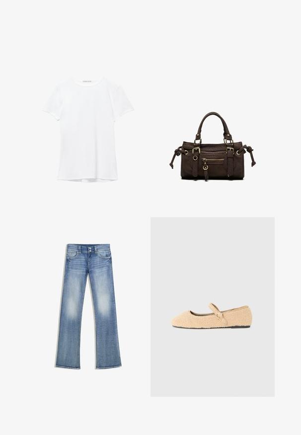 Witte short-sleeve t-shirt van gladde stof, met een ronde halslijn en subtiele stiksels bij de zoom.; Lichtblauwe bootcut-spijkerbroek met een vervaagde wassing, vijf zakken, riemlussen en dubbele knoopsluiting, plat neergelegd op een witte achtergrond.; Beige donzige Mary Jane instapper met ronde neus, verstelbare band met ronde gesp en zwarte zool op een witte achtergrond.; Donkerbruine leren handtas met dubbele handvatten, voorvak met ritssluiting, decoratieve gespen en zijknopen op een witte achtergrond.