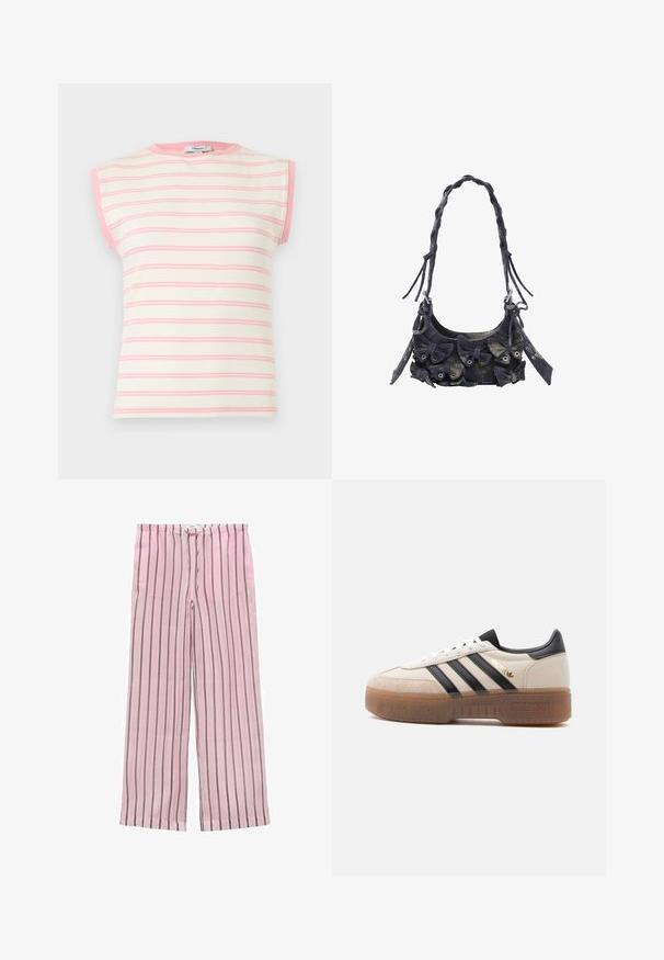 Ærmeløs ribstrikket top i creme og pink med pink kant rundt hals og ærmegab.; Lyserøde stribede bredbenede bukser med sorte og grå lodrette striber. Fremstillet af letvægtsstof og med en elastisk talje for komfort.; Hvid og beige sneaker med sorte striber, sort hælflig, "Spezial"-label i guld og tyk gennemsigtig brun sål.; Fløjlshåndtaske i mørkeblå med en tekstureret overflade, der har flere stofsløjfer, flettet strop og metalhardware-accenter.