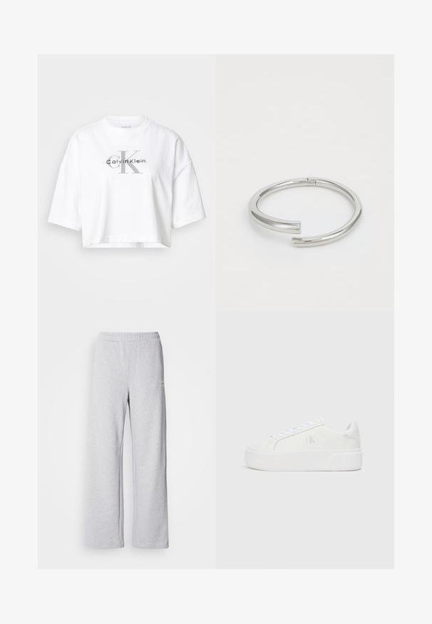 Hvid crop-top med oversize ærmer og stort gråt "CK" samt sort "Calvin Klein" logo centreret på forsiden.; Lys grå joggebukser med bred bendesign, elastisk talje og subtile syninger. Lavet af blødt, åndbart stof.; Hvide platform sneakers med en glat læderoverdel, rund tå, hvide snørebånd og diskret logo-detalje på siden. Flad gummisål.; Calvin Klein SPIRAL - Armbånd - silver-coloured