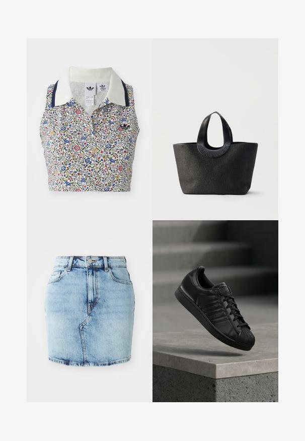 Top court floral avec une base blanche ornée de fleurs bleues, rouges et jaunes. Il comprend un col blanc avec des accents marine et un logo brodé.; Jupe en denim bleu clair avec une coupe ajustée, cinq poches, une fermeture par bouton et zip, et des détails cousus le long de l'ourlet.; Baskets en cuir noir avec bout en caoutchouc texturé, lacets plats, et bandes latérales perforées, posées sur une surface en béton.; Sac cabas noir texturé avec de larges poignées arrondies présentant le nom de la marque embossé "Samsøe Samsøe" sur fond neutre.