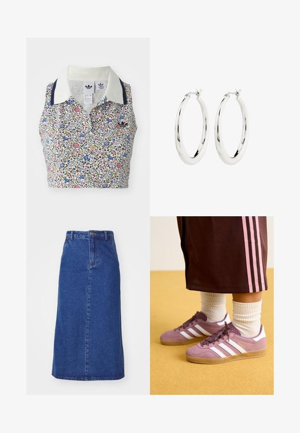 Blumen-Crop-Top mit weißem Grund und blauen, roten und gelben Blumen. Verfügt über einen weißen Kragen mit marineblauen Akzenten und einem bestickten Logo.; Dunkelblauem Denim-Rock mit tailliertem Bund, gerader Silhouette und vorderen Nähten, mit einem Saum, der unter dem Knie endet.; Lila Wildlederschuhe mit weißen Streifen, Gummisohle und strukturierten Akzenten, kombiniert mit gerippten weißen Socken und einer braunen Trainingshose mit rosa Streifen.; Silberne Creolen mit einer glatten, glänzenden Oberfläche. Kreisform, ausgestattet mit einem sicheren Verschluss. Einfaches und elegantes Design.