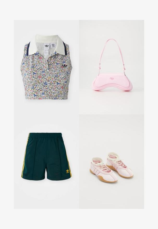 Blomstret cropped bluse med hvid bund og blomster i blå, rød og gul. Inkluderer en hvid krave med marineblå detaljer og et broderet logo.; Mørkegrønne sportsshorts med elastisk talje, prydet med gule sidelister og et broderet gult logo på underbenet.; Lyserøde lærredssko med en blød overflade, der har snørebåndsdesign og en gummisål. Dekorative detaljer og tre striber på siden.; Diesel Håndtasker - quartz pink