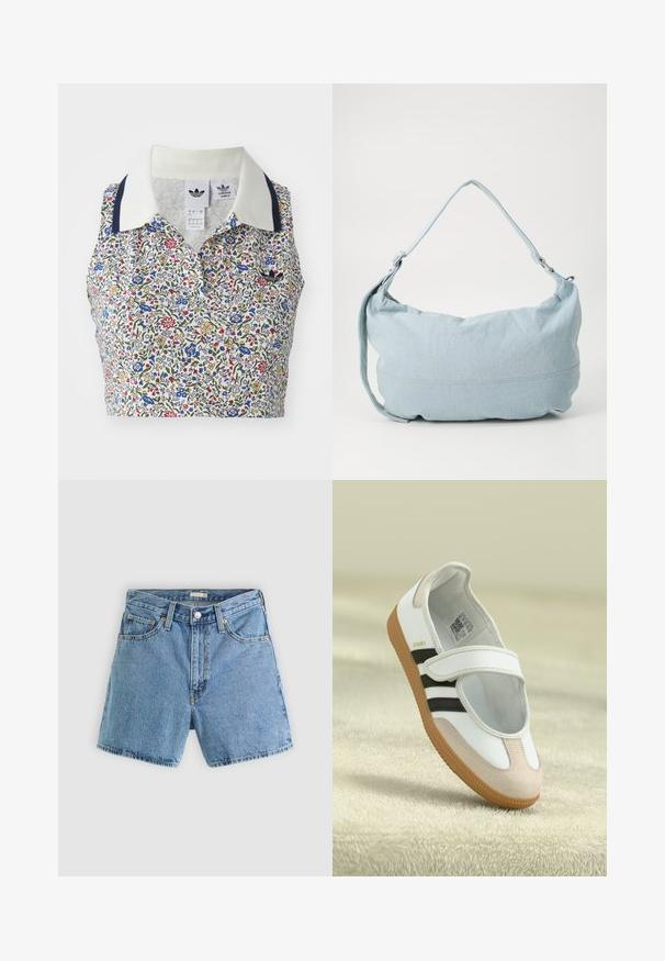 Blomstret cropped bluse med hvid bund og blomster i blå, rød og gul. Inkluderer en hvid krave med marineblå detaljer og et broderet logo.; Lyseblå cowboyshorts med forreste knap og lynlås, bæltestropper og fem-lommer design mod en ensfarvet baggrund.; Hvid sko med en lyserød ruskindforfod, sorte striber og en velcrorem. Har en lys gummi sål og et logo på siden.; Lysblå denim skuldertaske i en rund form, justerbar rem og diskret syning langs den nederste kant. Blød tekstur.