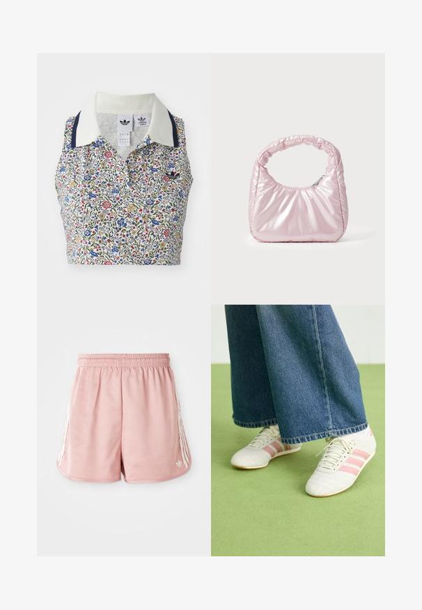 Blomstret cropped bluse med hvid bund og blomster i blå, rød og gul. Inkluderer en hvid krave med marineblå detaljer og et broderet logo.; Lyserøde atletiske shorts med elastisk talje, hvid stribe detaljering på siden og et lille logo på den nederste venstre forside. Glat stofstruktur.; Hvide sportsko med lyserøde striber, tekstureret læder og flad gummisål, parret med brede denimbukser på et grønt gulv.; Rosa, polstret håndtaske med afrundet design, lavet af skinnende materiale. Har et samlet håndtag og en lynlås til sikker adgang.