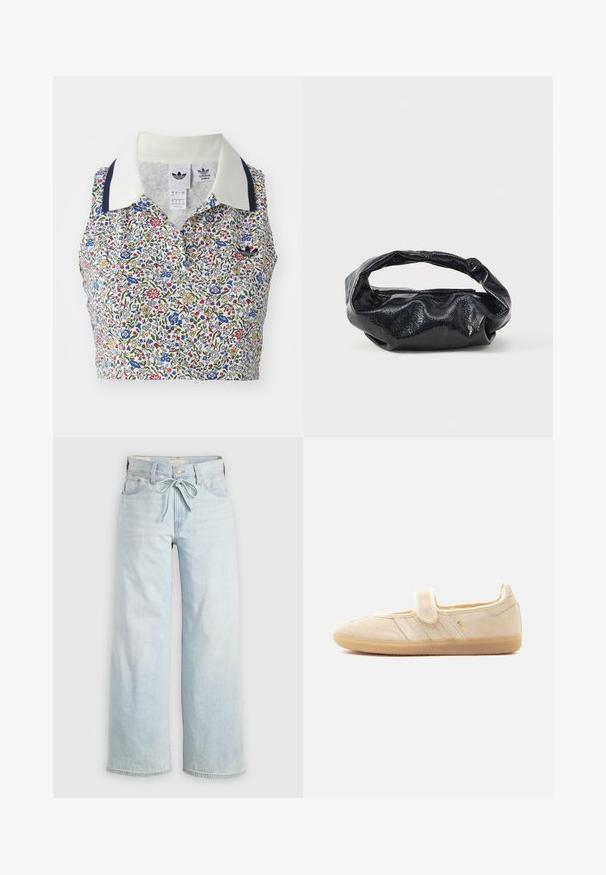 Top de cultivo floral con base blanca decorada con flores azules, rojas y amarillas. Incluye un cuello blanco con acentos en azul marino y un logo bordado.; Jeans de tiro alto de color azul claro, de pierna ancha, con lazo en la parte delantera, diseño clásico de cinco bolsillos y un sutil detalle de desgaste en las piernas. Material de denim.; Zapatilla Mary Jane de ante beige con tira de velcro, suela de goma, tres rayas cosidas y marca dorada "SAMBA" en el lateral.; Bolso negro hecho de un material brillante y texturizado con un asa circular retorcida y un cierre de cremallera. Presenta un diseño suave y arrugado.