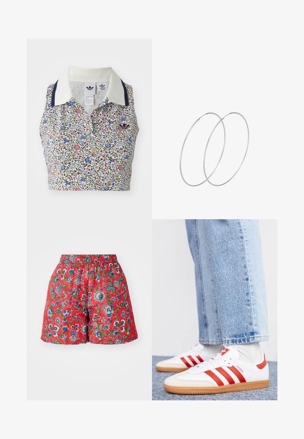 Blomstret cropped bluse med hvid bund og blomster i blå, rød og gul. Inkluderer en hvid krave med marineblå detaljer og et broderet logo.; Røde blomstrede shorts med elastisk talje. Har blå og grønne blomstermønstre, glat tekstur og en afslappet pasform.; Hvide lædersneakers med røde striber og accenter. Har en tekstureret gummisål og polstret krave. Bæres med lyseblå denim.; Sølvøreringe med et minimalistisk design. Cirkulær form, glat tekstur og tynd profil. Letvægtige med en poleret overflade.