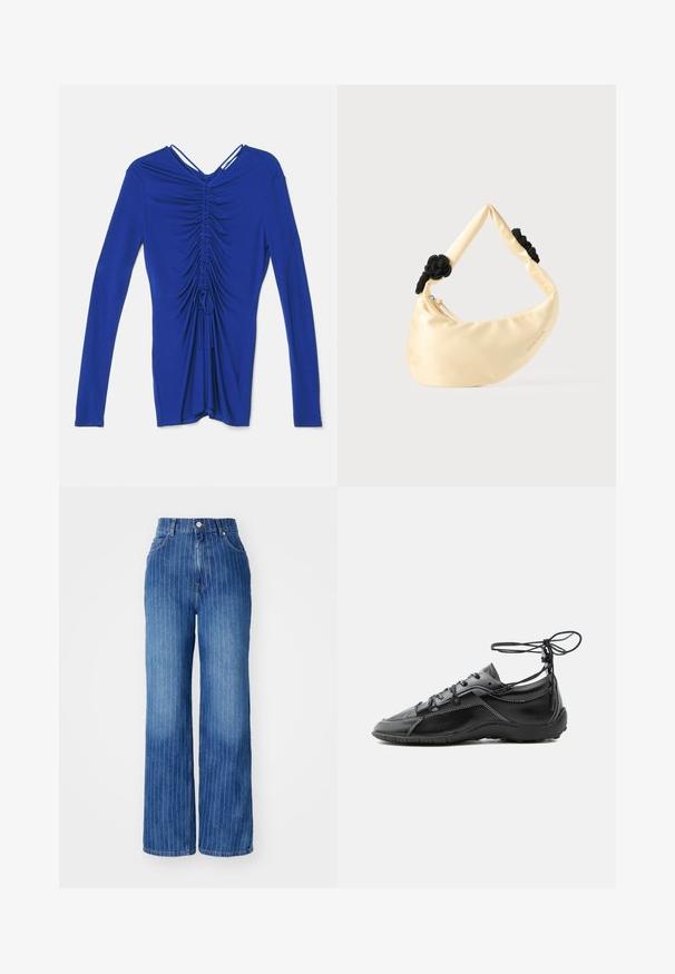 Proenza Schouler White Label LONG SLEEVE - T-shirt à manches longues - blueberry; Jean en denim bleu à jambes larges avec des rayures blanches verticales, taille haute, et design à cinq poches, avec une fermeture à bouton et à glissière.; Baskets en cuir noir avec coutures blanches et lacets autour de la cheville, vues de profil sur un fond gris.; Sac épaule en satin couleur crème avec deux nœuds tressés noirs sur la sangle et une fermeture éclair visible.
