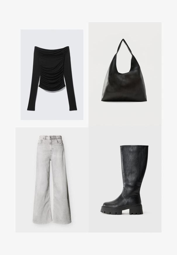 Schwarzes, langärmeliges Off-Shoulder-Oberteil mit gerafften Details an der Vorderseite und figurbetonter Silhouette vor einem einfarbigen Hintergrund.; Hellgraue Jeans mit weitem Bein aus Denim, mit hoher Taille, vorderen Taschen und Knopfverschluss. Glatte Textur mit einem dezenten ausgewaschenen Look.; Schwarze kniehohe Stiefel aus glattem Leder mit einer dicken, strukturierten Sohle und dezenten Nahtdetails an der Außenseite.; Schwarze, glatte Leder-Schultertasche mit einem breiten, einzelnen Riemen und einem lässigen, minimalistischen Design vor einem einfarbigen Hintergrund.