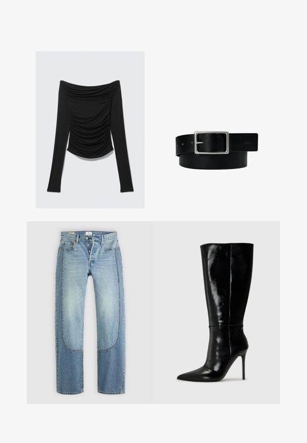 Sort langærmet off-shoulder top med rynkede detaljer foran og en tætsiddende silhuet mod en ensfarvet baggrund.; Lyseblå denimjeans med en lige, løs pasform, der har kontrasterende paneldetaljer og en fem-lommer design. Knap-lukning.; Sorte læderknælange støvler med spids tå og høj stilettohæl. Glat tekstur og slank design, med minimalt detaljer.; Sort læderbælte med sølv rektangulært spænde og flere justeringshuller, lagt fladt på en hvid baggrund.