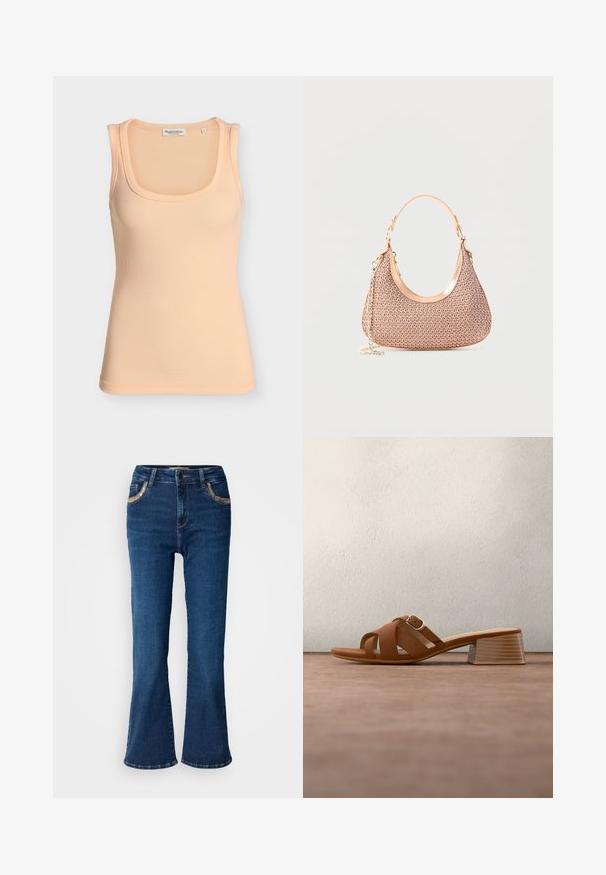 Mouwloos geribd tanktopje in licht perzikkleur, ronde hals, maat small, met Marc O'Polo-label aan de binnenkant achteraan de kraag.; Donkerblauwe uitlopende jeans met een gladde denimtextuur, contrasterende gouden stiksels en voorzakaccenten. Klassiek vijf-pocketontwerp.; Bruine leren muil met open teen, blokhak en gekruiste bandjes, tegen een grijze vloer en een vage donkere achtergrond.; Kleine beige geweven handtas met een enkele band en gouden kettingdetail, weergegeven tegen een eenvoudige lichte achtergrond.