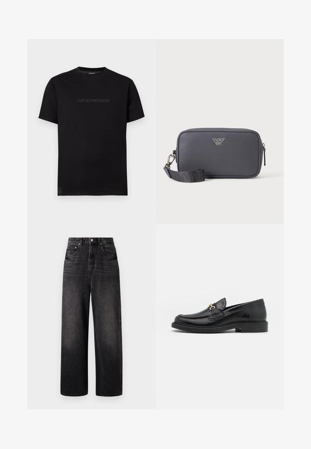 Must lühikeste varrukatega ümara kaelusega T-särk, mille rinnal on helevalgel taustal peen tumeda reljeefse Emporio Armani logo.; Mustad teksad mustast denimist, laia lõikega, kõrge taljega, viie taskuga ja nähtava nööbiga kinnitusega. Omab peent halvenemist ja sirget jala disaini.; Mustad nahast loafers ümarate varvastega, millel on kuldne riistvaraline aksessuaar ja tikandite detail, paigutatud madalale, tekstureeritud kummist tallale.; Ristkülikukujuline tumedat halli tekstuurse pinnaga õlakott, hõbedase logoga, tõmblukuga ja musta reguleeritava rihmaga metallklambriga.