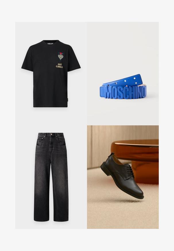 Zwart T-shirt met korte mouwen en ronde hals, geborduurd bloemmotief in de vorm van een hart en de tekst "JUST CAVALLI" op de linkerborst.; Zwarte denim jeans met een losse pasvorm, hoge taille, vijf zakken en een opvallende knoopsluiting. Heeft subtiele vervaging en een recht gesneden ontwerp.; Zwarte leren nette herenschoen met veters die boven een beige tapijt zweeft, met een bruine ronde salontafel op de achtergrond.; Blauwe leren riem met grote, verhoogde letters die "MOSCHINO" spellen in bijpassend blauw aan de voorkant, opgevouwen weergegeven met zichtbare gaatjes.