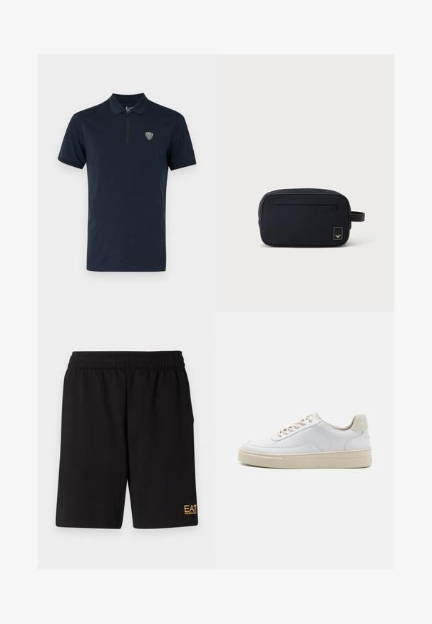 Marineblå polo med korte ærmer, lynlåskrage og et lille, broderet logo på brystet. Glat, letvægtsstof.; Sorte atletiske shorts lavet af blødt stof, med en elastisk talje og et lille gult EA7-logo nederst på venstre ben.; Hvide sneakers med en glat læderoverdel, beige snørebånd og en tekstureret beige ruskindsheel-tab. Hævet sål for ekstra højde.; Sort rektangulær toilettaske med lynlåslomme foran og lille logopatch, med en sidesnor.