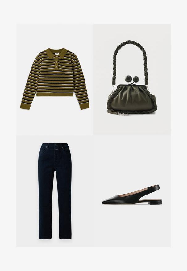 Stripet sweater med grøn bund, der har vandrette striber i sort og hvid, en kravehals, tre knapper og en brystlomme.; Marinblå kordfløjlsbukser med lige ben, der har frontlommer, lynlåsgylpter og metalknapdetaljer på taljen.; Sort læder slingback flad sko med spids tå og lav firkantet hæl på hvid baggrund.; Olivengrøn læderhåndtaske med flettet håndtag og sølvhardware, med en samlet design og runde låsedetaljer på toppen.