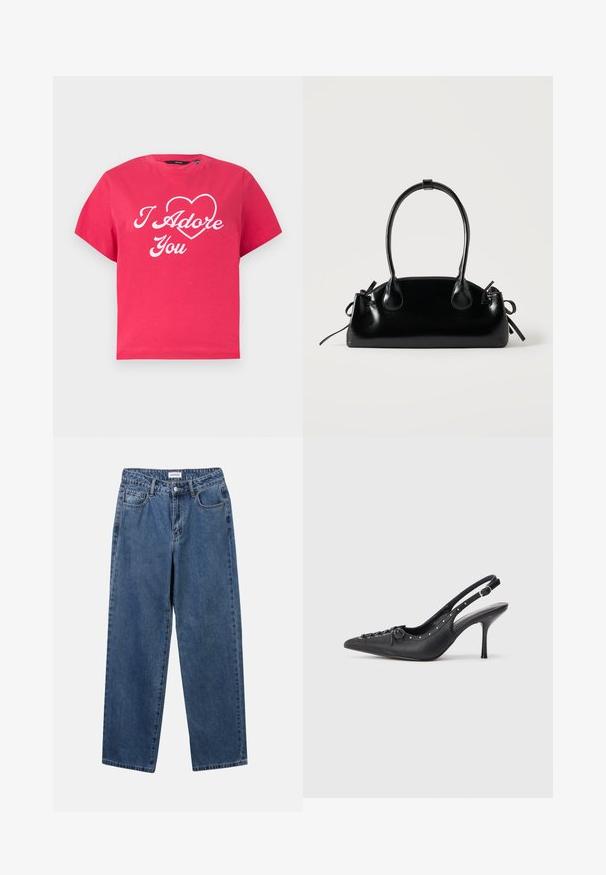 Knallpinkes Kurzarm-T-Shirt mit weißem Kursivtext "I Adore You" und einem umrandeten Herz auf der Brust.; Klassische blaue Denim-Jeans mit geradem Bein, fünf Taschen und Knopfverschluss. Sie verfügen über eine mittelblau gewaschene Optik und sind aus robuster Textur.; Schwarzer Leder-Slingback-Stiletto mit spitzem Zehenaufsatz, seitlichem Schnallenriemen, Nieten entlang der Kante und dekorativer Schnürung vorne.; Kleine schwarze glänzende Handtasche mit zwei langen Griffen und seitlichen Kordelzug-Details vor einfachem hellem Hintergrund.