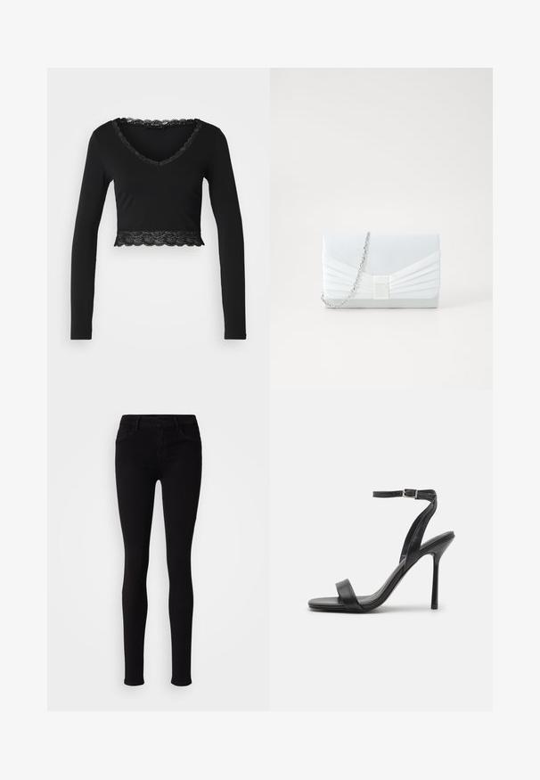 Sort langærmet crop top med V-hals, med en bølget blonderkant omkring halsen og ved kanten. Blødt, strækbart stof.; Sorte slim-fit bukser med knaplukning, bæltestropper og frontlommer, vist mod en ensfarvet lys baggrund.; Sort højhælet sandal med en slank ankelrem og to forreste bånd. Lavet af glat læder med en slank spids tå og stilettohæl.; Lyseblå clutchtaske med plisseret design. Har en rektangulær form, kædestrop og en glat tekstur med en central accent.