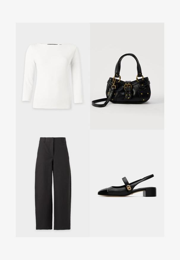 Witte geribde gebreide top met lange mouwen, een brede ronde hals en een aansluitend silhouet.; Zwarte wijde broek met hoge taille en ceintuurlussen, afgebeeld tegen een witte achtergrond.; Zwarte leren slingback schoen met een ronde neus, met een glanzende voorkant en een gouden accent op de band, bevestigd met een kleine blokhak.; Zwarte leren handtas met gouden gesp en klinknagel details, korte handvatten en een verstelbare schouderriem op een effen witte achtergrond.