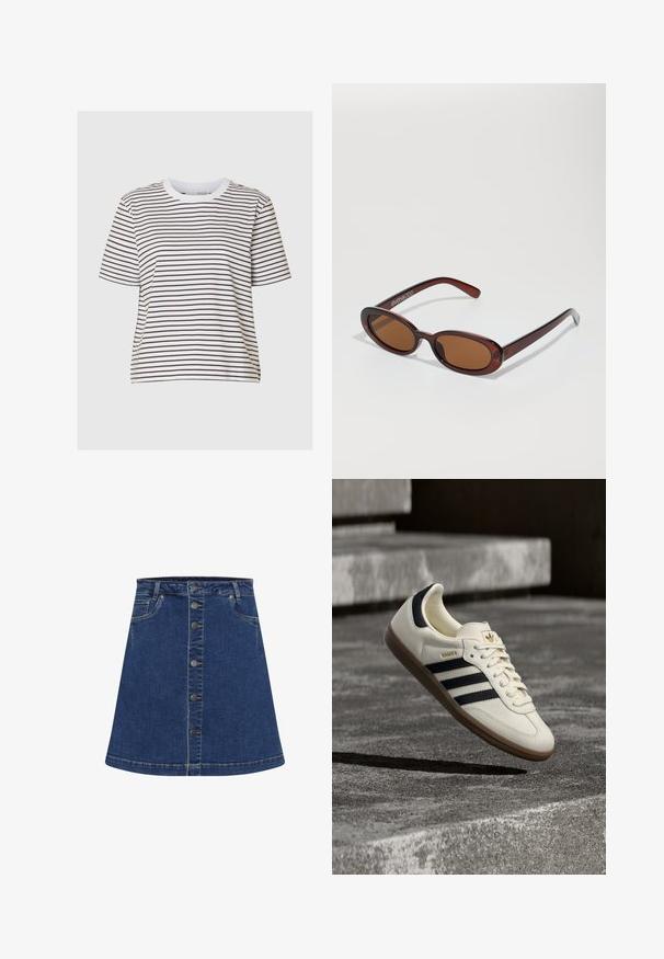 Camiseta a rayas en blanco y marrón oscuro, de mangas cortas, cuello redondo, fabricada en suave algodón, con corte recto y ajuste relajado.; Falda de mezclilla en línea A de color azul oscuro con cierre de botones en el frente y costuras en contraste. Presenta dos bolsillos laterales y un dobladillo por encima de la rodilla.; Zapatilla blanca Adidas Samba con franjas negras y suela de goma, flotando sobre escalones de hormigón gris texturizado.; Gafas de sol redondas con tinte marrón y un marco burdeos brillante. Patillas delgadas con un sutil detalle de marca. Diseño de lentes planos.