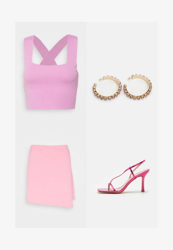 YAS YASEMIL CROPPED - Μπλούζα - purple; Even&Odd by Zalando Φούστα παρεό - pink; RAID WENDY - Ψηλοτάκουνα πέδιλα - pink; Pieces PCSUINA HOOP - Σκουλαρίκια - gold-coloured