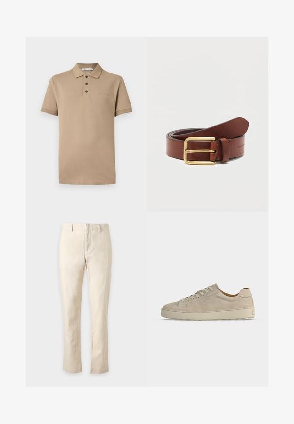 Polo beige à manches courtes avec trois boutons, un col et un marquage subtil "Tiger of Sweden" sur la poitrine et l’étiquette intérieure.; Pantalon slim beige avec passants de ceinture et fermeture éclair à l'avant, présenté sur un fond neutre.; Baskets basses beiges en daim avec fermeture lacée et semelle épaisse en caoutchouc, vues de profil sur fond blanc uni.; Ceinture en cuir marron avec boucle rectangulaire dorée, roulée sur un fond blanc uni.