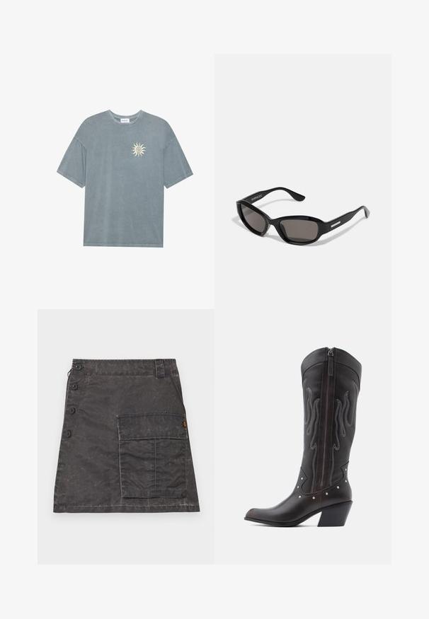 Lichtblauw oversized t-shirt van zachte katoen met een ronde halslijn en een gele zonafbeelding op de linker borst.; Grijze rok van gestructureerde stof met een voorste knoopsluiting en een zijzak. Heeft een subtiele versleten uitstraling en gestikte details.; Bruine leren cowboylaarzen met vlamstiksels, zijrits, zilveren studs, spits toelopende neus en gestapelde hak.; Zwarte zonnebril met een rechthoekig frame, donkere lenzen, gladde plastic materiaal en een metalen accent op de poot.