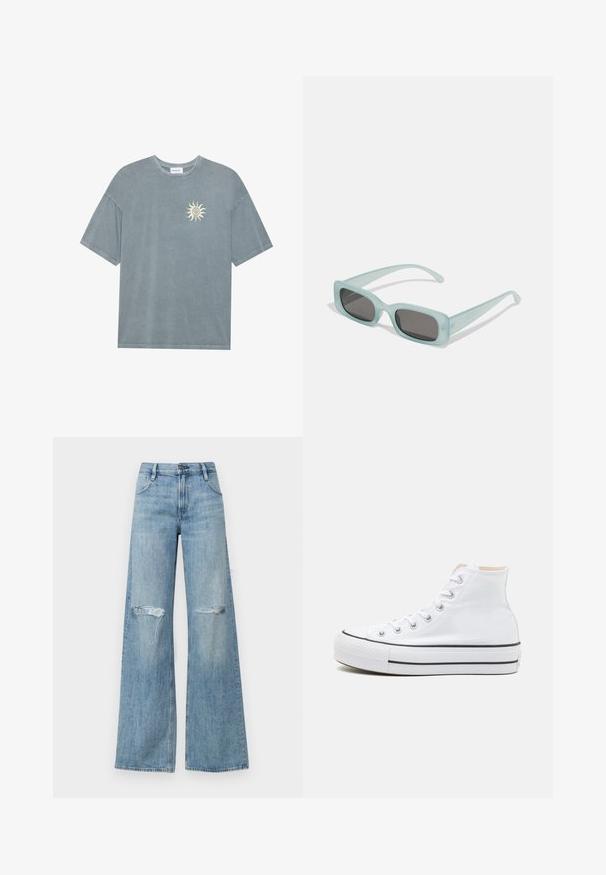 Απαλή μπλε oversized μπλούζα από βαμβάκι με στρογγυλή λαιμόκοψη και γραφικό με πορτοκαλί ήλιο στην αριστερή περιοχή του στήθους.; Ανοιχτού μπλε τζιν υψηλής μέσης με φαρδιά γραμμή, χαρακτηριστικά σκισίματα στα γόνατα, κλασσικό σχέδιο πέντε τσεπών και κλείσιμο με φερμουάρ και κουμπί.; Λευκά ψηλά αθλητικά παπούτσια από καμβά, με μαύρη καουτσούκ σόλα και αντίθετη μαύρη ρίγα στη μεσόσολα. Κυκλική μύτη και σχέδιο με κορδόνια.; Ενα ζευγάρι ορθογώνια γυαλιά ηλίου με ανοιχτό μπλε ημιδιαφανείς σκελετούς και σκούρους γκρι φακούς, διαθέτοντας ίσιες βραχίονες και ελάχιστες λεπτομέρειες υλικών.