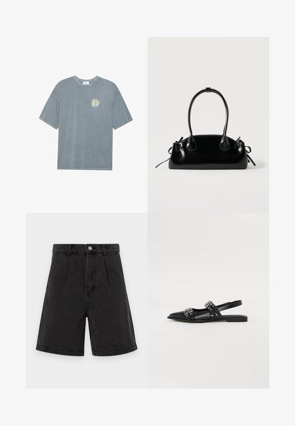 Lichtblauw oversized t-shirt van zachte katoen met een ronde halslijn en een gele zonafbeelding op de linker borst.; Zwarte denim shorts met een hoge taille, geplooide voorkant en omgeslagen zoom. Voorzien van een metalen knoop en rits sluiting. Egaal textuur.; Even&Odd Slingback ballerina´s - black; Kleine zwarte glanzende handtas met twee lange hengsels en zijkant trekkoord details op een effen lichte achtergrond.