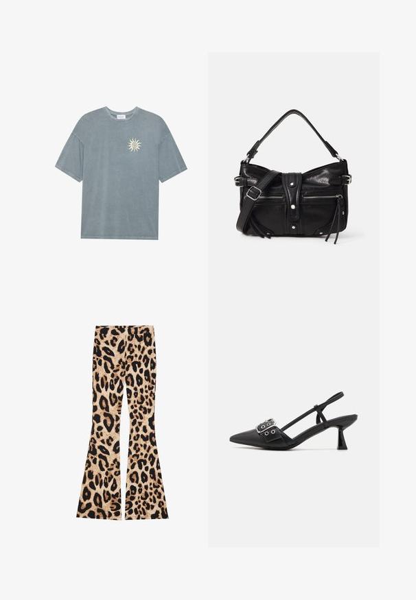 T-shirt surdimensionné bleu clair en coton doux, avec un col rond et un motif de soleil jaune sur le côté gauche de la poitrine.; Pantalons évasés imprimés léopard avec une texture côtelée, de couleur beige et noire, présentant des motifs de taches variés sur l'ensemble du tissu.; Simmi London DALA - Escarpins - black; Even&Odd H24462 - Sac à main - black