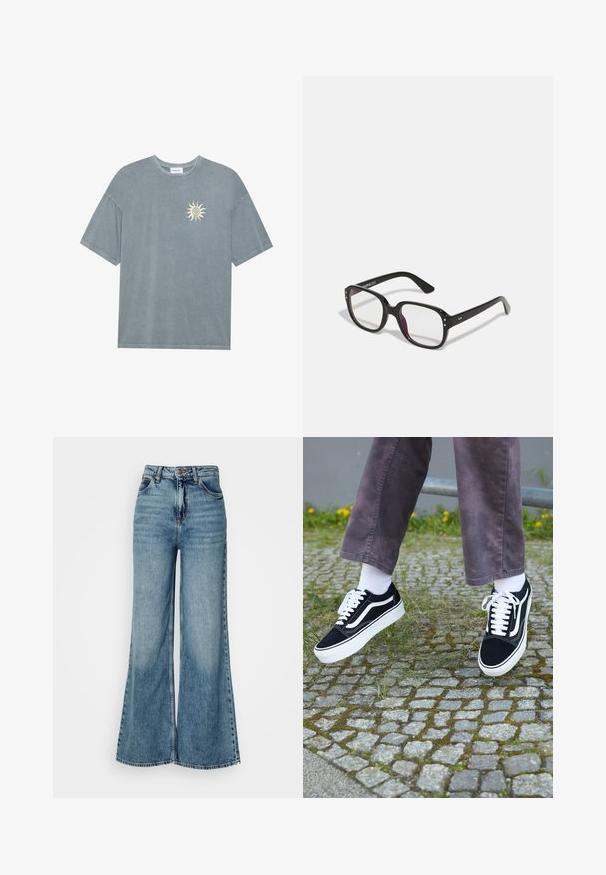 T-shirt surdimensionné bleu clair en coton doux, avec un col rond et un motif de soleil jaune sur le côté gauche de la poitrine.; Jean en denim taille haute, bleu clair, à jambes larges, avec poches avant et fermeture à bouton, présenté sur un fond blanc uni.; Baskets en suède noir avec des accents blancs, présentant un bout rond, une semelle blanche épaisse et un design classique à lacets, portées avec des chaussettes blanches et un pantalon violet.; Lunettes noires rectangulaires avec des verres transparents, présentant des bords arrondis et des accents sur les côtés, avec une finition brillante sur la monture et les branches.