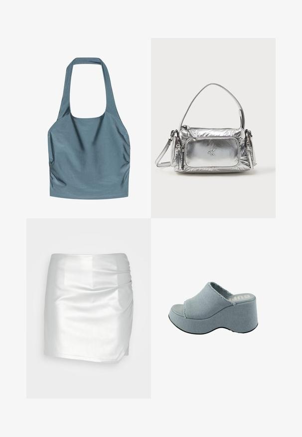 Top s halter krkom v tlmenej modrej farbe, vyrobený z hladkej, lesklej látky s riasením na bokoch a štvorcovým výstrihom.; Even&Odd Šortky - silver; Svetlomodré platformové šľapky so zfrkanou textíliou, otvorenou špičkou, hrubou okrúhlou podrážkou a textúrovanou šedou podrážkou.; Metalická strieborná kabelka s obdĺžnikovým tvarom, vrchným zipsom a prednou kapsou. Obsahuje krátku rúčku a nastaviteľný popruh. Textúrovaný povrch.