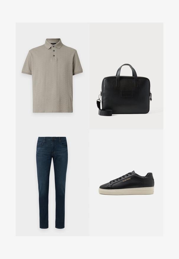 Lichtgrijs poloshirt van gestructureerde stof met een kraag, drie knopen en een subtiel reliëflogo patroon.; Donkerblauwe slim-fit jeans met vijf zakken, sluiting met een knoop aan de voorkant en ritssluiting, tentoongesteld tegen een witte achtergrond.; Zwarte leren sneaker met een gladde afwerking, contrasterende crèmekleurige zool, ronde neus, gouden logo aan de zijkant en zes gaatjes voor veters.; Zwarte leren laptoptas met twee bovenhandvatten, een afneembare schouderriem, een textuur oppervlak en een rechthoekige vorm. Geëmboste logopatch zichtbaar.