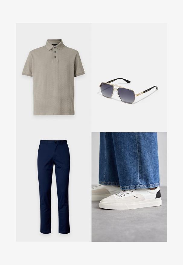 Polo de color gris claro hecho de tela texturizada que presenta un cuello con solapa, una tapeta con tres botones y un sutil patrón de logotipo en relieve.; Pantalones de algodón azul marino con un diseño de pierna recta, que cuentan con un cierre de botón en la parte frontal, lazos para cinturón y costuras limpias. Textura suave sin patrones.; Zapatillas blancas y negras con una parte superior de cuero suave, acentos texturizados y una suela blanca gruesa. Presenta un diseño clásico de cordones.; MARC JACOBS Gafas de sol - gold-coloured/black