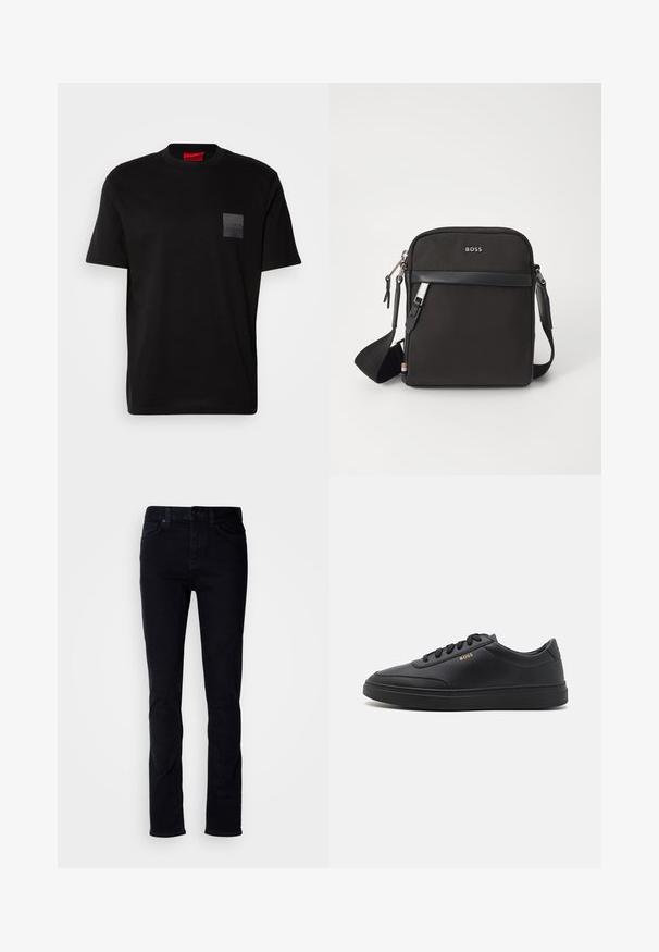 Schwarzes Baumwoll-T-Shirt mit Rundhalsausschnitt, versehen mit einem strukturierten schwarzen Patch mit Logo auf der linken Brust. Kurze Ärmel und entspannter Schnitt.; Schwarze Denim-Jeans mit Slim-Fit, Fünf-Taschen-Design, sichtbaren Nähten und Knopfleiste. Glatte Textur ohne zusätzliche Muster.; Schwarze Leder-Sneaker mit glatter Textur, runder Zehenpartie, flacher Gummisohle und einfarbigen Schnürsenkeln. Mit goldfarbenem "BOSS" Logo an der Seite.; Schwarze Umhängetasche aus strukturiertem Stoff, mit Logo auf der Vorderseite, Reißverschluss und verstellbarem Tragegurt. Verfügt über eine glatte Lederbesatz.