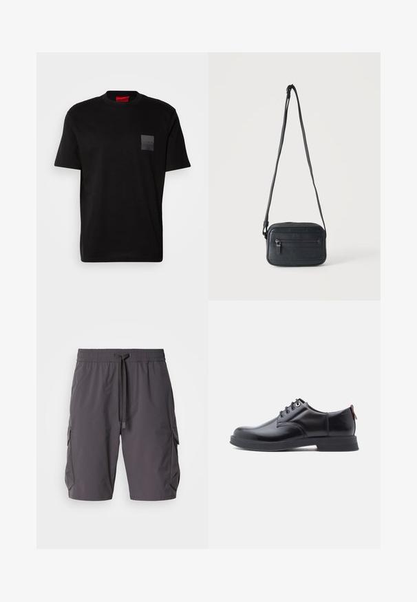 Camiseta de algodón negra con cuello redondo, con un parche texturizado negro con el logo en el lado izquierdo del pecho. Mangas cortas y corte relajado.; Pantalones cortos cargo grises hechos de un tejido ligero, con cintura elástica y cordón, bolsillos laterales y un ajuste ligeramente holgado.; Zapatos de piel negra con cordones, textura lisa, puntera redondeada y detalles sutiles de costura. Cuentan con una lengüeta roja en el talón.; Bolso bandolera negro con un bolsillo frontal con cremallera, superficie texturizada y correa ajustable colgado sobre un fondo claro y liso.