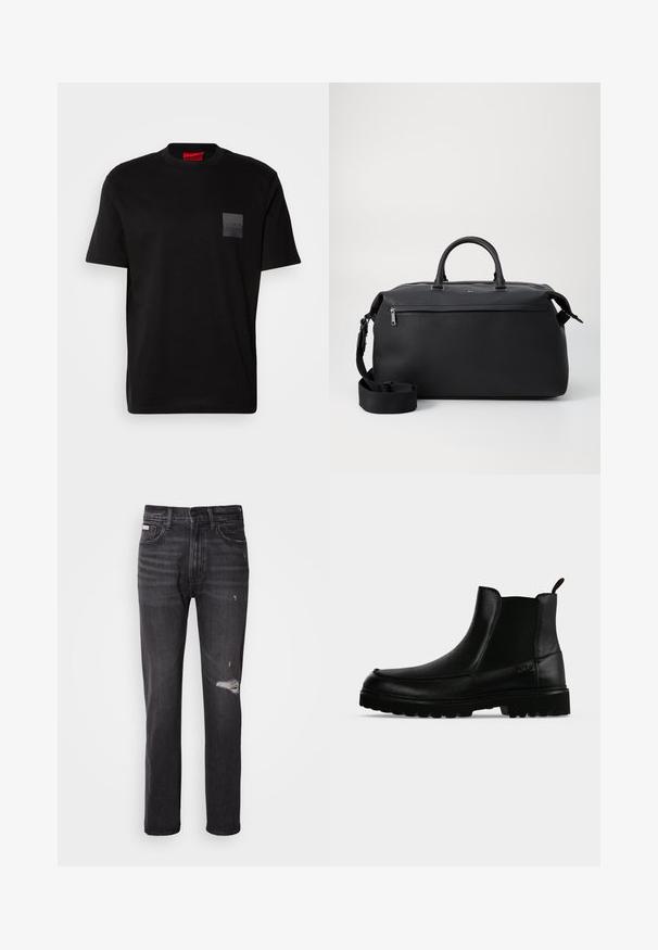 T-shirt en coton noir à col rond, avec un patch texturé noir portant un logo sur la poitrine gauche. Manches courtes et coupe décontractée.; Jean en denim noir avec une coupe droite, des détails déchirés au niveau des genoux, un style à cinq poches et une finition légèrement délavée.; Bottine noire en cuir avec semelle texturée, panneaux latéraux élastiques et languette de tirage sur fond gris clair.; Sac de voyage en cuir noir avec deux poignées supérieures, une bandoulière amovible et une poche avant zippée pour un espace de rangement supplémentaire.