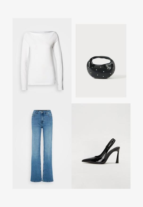 Wit katoenen shirt met lange mouwen, een brede boothals en een aansluitende pasvorm. Gladde textuur zonder zichtbare patronen of accenten.; Lichtblauwe jeans met een hoge taille, brede pijpen, knoop- en ritssluiting aan de voorkant en zakken voor en achter.; Zwarte gepatineerde leren slingback pump met puntige neus, slanke hoge hak en dubbele elastische band voor een veilige pasvorm. Gladde, glanzende oppervlakte.; Zwarte leren handtas met een afgeronde vorm, versierd met zilveren studs, en een korte handgreep. Gladde textuur en ritsluiting.