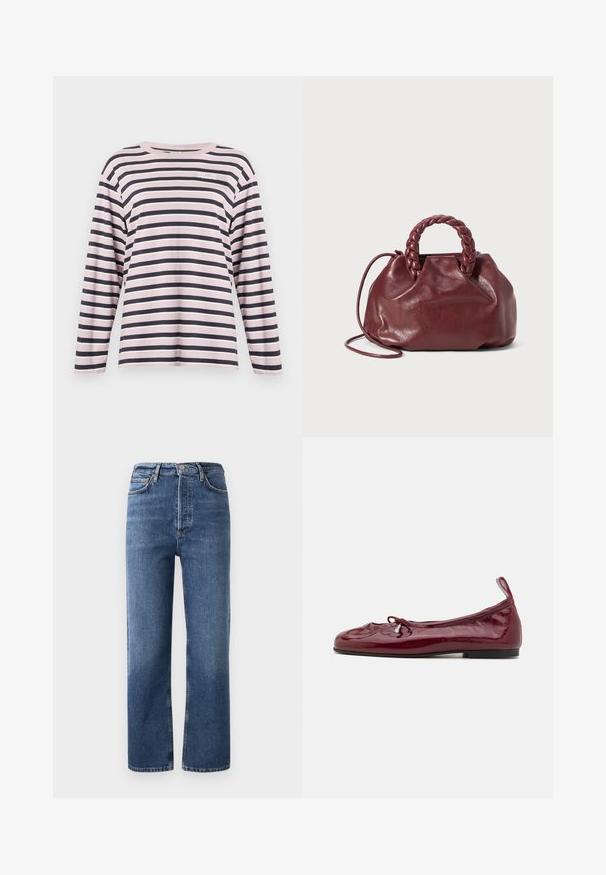 Chemise à manches longues, rayée rose et marine, en coton, col rond, avec un petit logo brodé sur la partie gauche de la poitrine.; Jeans taille haute en denim bleu, avec une coupe droite, cinq poches et des détails en métal cuivré. Texture lisse et design classique.; Ballerines en cuir verni bordeaux avec un bout arrondi, semelle noire fine et un accent de nœud à l'avant. Texture lisse et brillante.; Sac à main en cuir bordeaux avec une anse tressée, texture douce et forme arrondie. Dispose d'une bandoulière amovible pour plus de polyvalence.