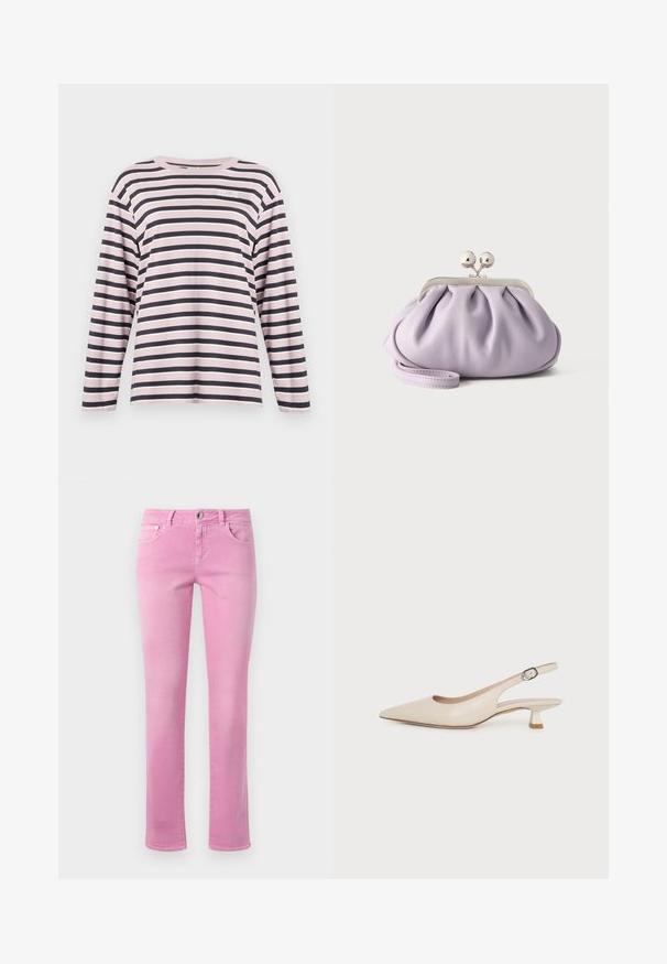 Langärmliges Shirt in Rosa und Marineblau mit Streifen, aus Baumwollmaterial, Rundhalsausschnitt, mit einem kleinen gestickten Logo im linken Brustbereich.; Rosa Jeans aus Denim mit geradem Bein, ausgestattet mit einem Frontknopfverschluss, fünf Taschen und einem glatten, leicht strukturierten Stoff.; Beiger Slingback-Schuh mit spitzer Spitze, niedrigem Kitten-Heel und verstellbarer seitlicher Schnalle auf weißem Hintergrund.; Weiche Lavendel-Clutch mit gerafftem Stoff, silbernem Kiss-Lock-Verschluss und passendem Handgelenksriemen auf hellem einfarbigem Hintergrund.