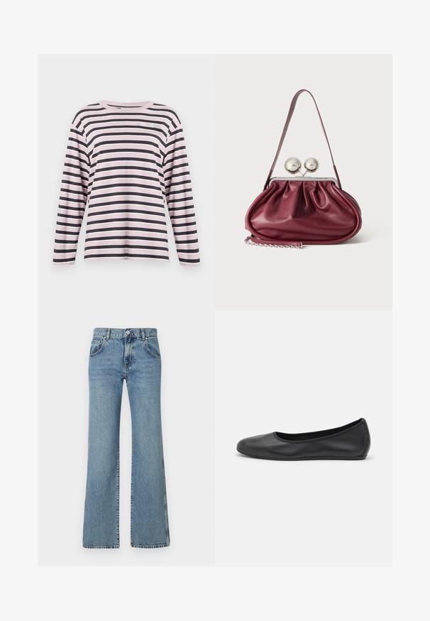 Lange ærmer pink og marineblå stribet skjorte, lavet af bomuldsmateriale, rund hals, med et lille broderet logo på venstre brystområde.; Lyseblå, flagrende jeans i denimstof med en talje med knaplukning, fem lommer og et klassisk syet design.; Sort læderballetsko med rund tå, glat tekstur, minimal syning og et fleksibelt såldesign.; Lille bordeaux læderhåndtaske med rynkede detaljer, en tynd rem og en sølvspænde med to store runde knopper.